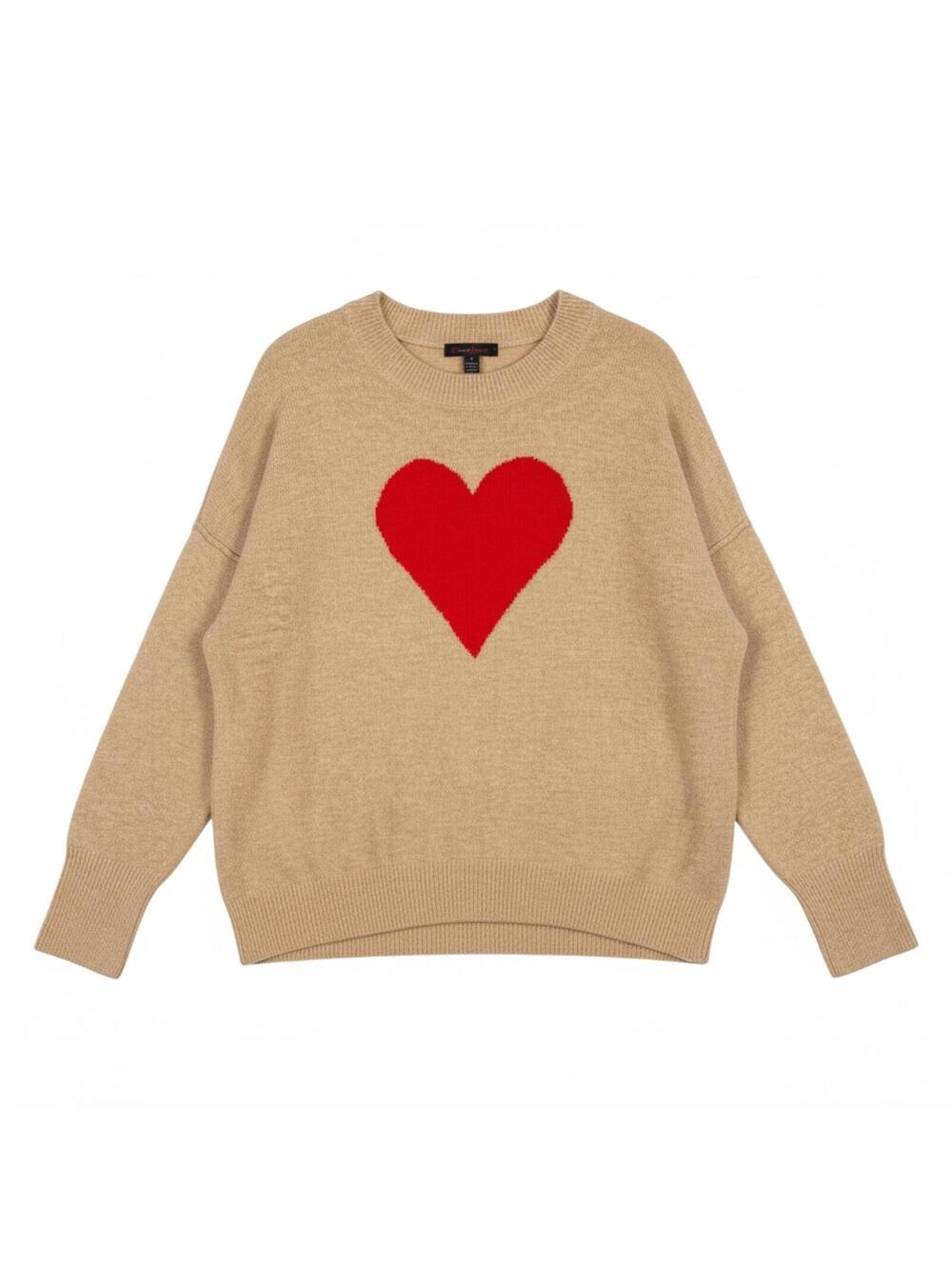 Vince Camuto Oversized Intarsia Red Heart Pullover Sweater Tan Long Sleeve, L - Picture 2 of 5